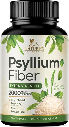 [BRSWGGAYOANG2FD7] Psyllium Husk Powder 2000mg Per Serving Supplement - Extra Strength Psyllium Fiber Powder - Natural Soluble Fiber Pills, Supports Digestion, Colon Health & Regularity, Bottled in USA - 60 Capsules