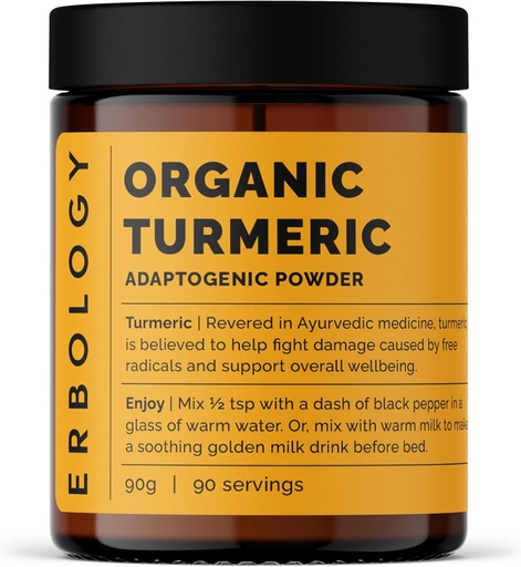 [BRSROCQ5BYBRAHT4] Erbology Organic Turmeric Powder 3.2 oz - 90 Servings - 5.5% Curcumin - No Additives or Preservatives - Sustainably Sourced Straight from Farm in India - Vegan - GMO-Free