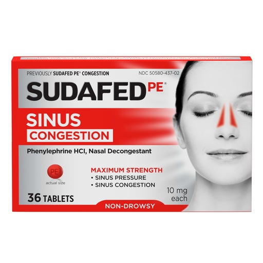 [BRSWK2QODNYBYEDE] Sudafed PE Sinus Congestion Relief Tablets, Maximum Strength, Non-Drowsy 10 mg Phenylephrine HCI Decongestant for Sinus Pressure & Nasal Congestion Relief, Due to Cold or Allergies, 36 ct