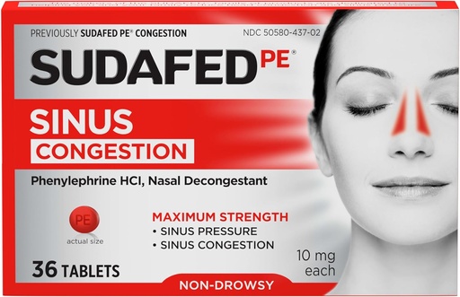 [BRSWK2QODNYBYEDE] Sudafed PE Synus Congestion Relief Tablets, Maximum Strength, Non- Drowsy 10 mg Phenylefrin HCI Decongestant for Synus Pressure & Nasal Congestion Relief, Поради студ или алергии, 36 ct