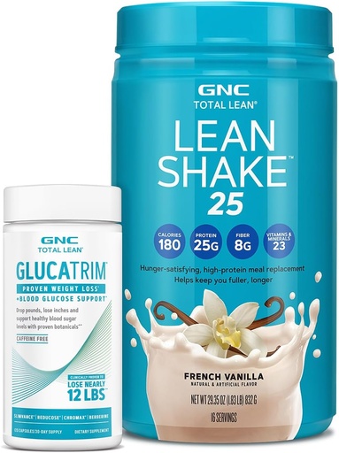 [BRSRAEIOBYCWCCLU] GNC Total Lean GlucaTrim - 120 Capsules (60 Servings) + GNC Total Lean | Lean Shake 25 Protein Powder | High-Protein Meal Replacement Shake | French Vanilla | 16 Servings