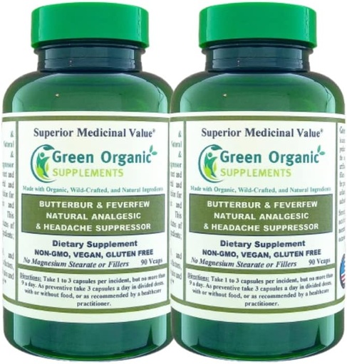 [BRSRMYDRBZ6BAEY4] Green Organic Supplements Butterbur, Feverfew, Analgesic, Painkiller, & Headache Suppressor, 90 VCaps, High Absorbable, Non-GMO, Gluten-Free (Pack of 2)