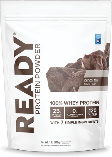 [BRSWGFALOUIBGF32] Ready® Protein Powder – 25g Whey Protein, 120 Calories, 0g Added Sugar – 7 Simple Ingredients – No Artificial Additives – Gluten-Free, Clean & Natural – Chocolate (1 Pound Bag)