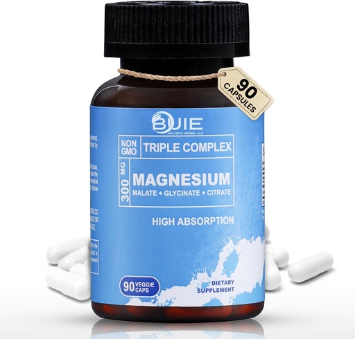 [BRSRAYYQOABGA33L] Triple Complex Magnesium 300mg | High Absorption Magnesium Glycinate, Citrate & Malate Supplement | Supports Muscle Function, Metabolism & Heart Health | Vegan, Non-GMO | 90 Capsules (Pack of 1)