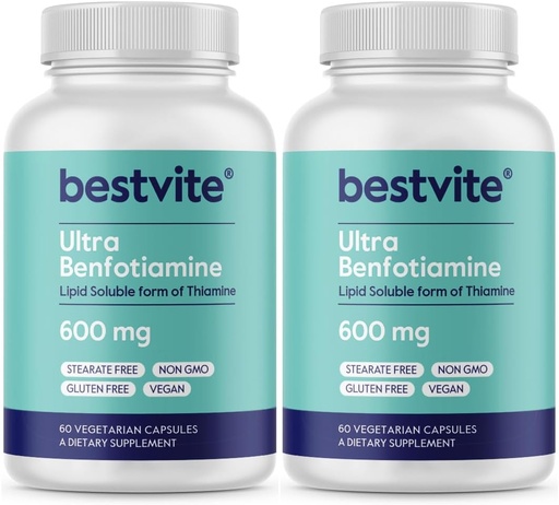 [BRSROEAYBUARG3IZ] Ultra Benfotiamine 600mg per Capsule (120 Vegetarian Capsules) (60x2) No Stearates - No Silicon Dioxide - Vegan - Non GMO - Gluten Free - Maximum Strength Benfotiamine
