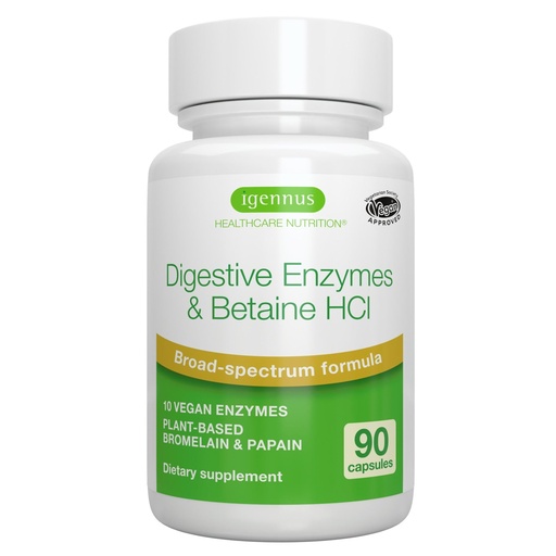 [BRSROH36A4HRU333] Igennus Fast Action Digestive Enzymes & Betaine HCl, 10 Broad Spectrum Enzymes with Protease, Lipase & Lactase, Papain & Bromelain, Plant-Based Vegan, Clean Label, for Women and Men, 90 Capsules