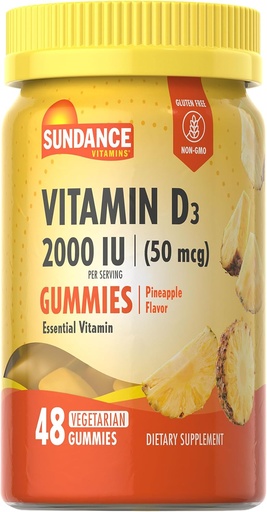 [BRSROGT2C4NGAFYU] Sundance Vitamin D3 Gummies | 2000 IU | 48 Count | Pineapple Flavor | Vegetarian, Non-GMO, and Gluten Free Supplement