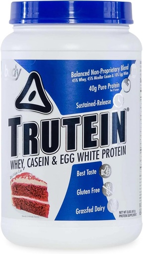 [BRSWIHAAPIPBOYIV] Body Nutrition Trutein High Protein Pulveris: 45% Sūkalas, 45% Kazeīns, 10% Olu balts, bez lipekļa, zems nātrija līmenis, zāles kausētu sūkalu olbaltumvielu pulveris, Gym papildinājums un brokastis Shake, sarkans Velvet kūka, 2lb