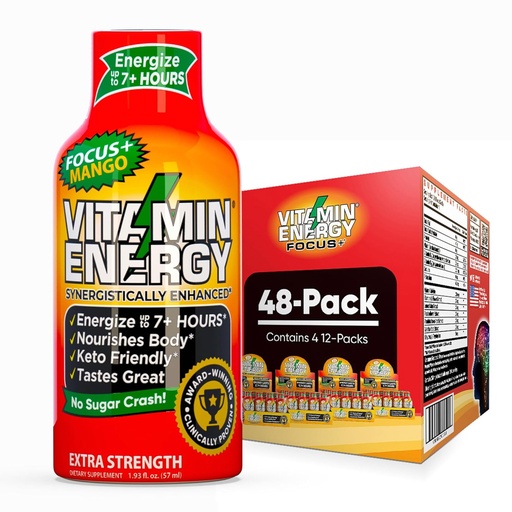 [BRSRAGL6DN6GY2TD] Vitamin Energy Focus+ Extra Strength Energy Shot Mango 48 Pack, 260mg Natural Caffeine, B-Vitamins, CoQ10, Amino Acids, Focus, Productivity & Clarity, Zero Sugar, Gluten-Free, 1.93 fl oz