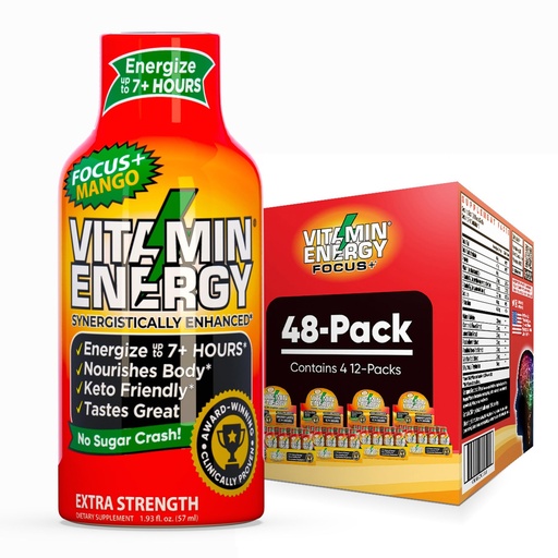 [BRSRAGL6DN6GY2TD] Vitamin Energy Focus+ Extra Strength Energy Shot Mango 48 Pack, 260mg Natural Caffeine, B-Vitamins, CoQ10, Amino Acids, Focus, Productivity & Clarity, Zero Sugar, Gluten-Free, 1.93 fl oz