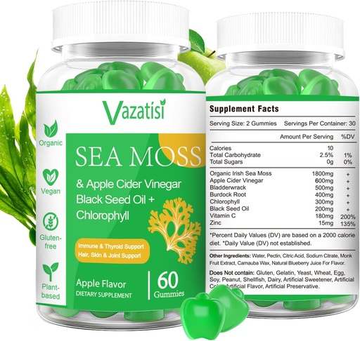 [BRSW2EL3OABAY3D2] 2 Pack Organic Irish Sea Moss Gummies with Black Seed Oil, Chlorophyll - Thyroid, Mood, Energy & Immune Support - Women & Men, Adult & Kid - 120 Vegan Gummies