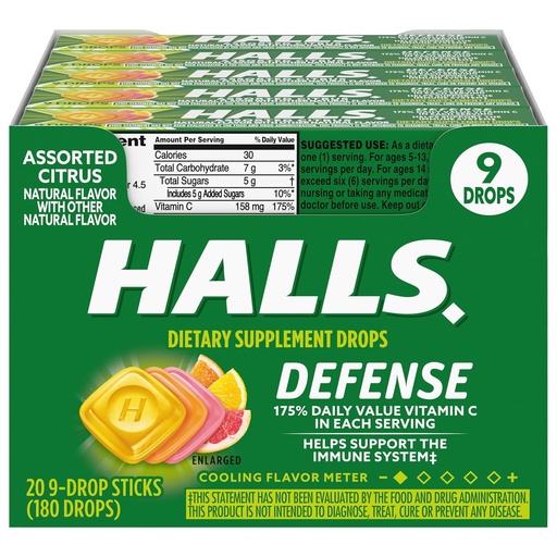 [BRSWIZQLBANRQDLE] HALLS Defense Assorted Citrus Vitamin C Drops, 20 스틱의 9 드롭 (180 총 드롭)