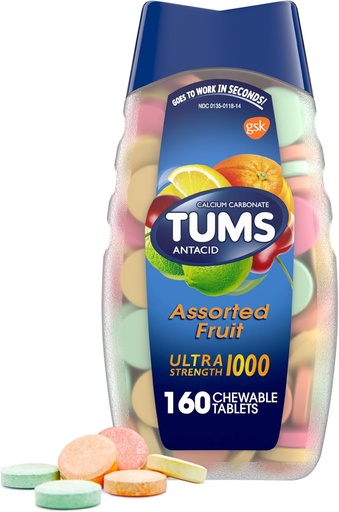 [BRSWIHQOC4GRGYLO] TUMS Ultra Strength Antacid Tablets for Chewable Heartburn Relief and Acid Indigestion Relief, Assorted Fruit - 160 Count