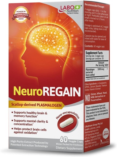 [BRSWG2YOCAMAKEYV] LABO Nutrition NeuroREGAIN - PLASMALOGEN derivato da scala per la rilevazione del cervello, la memoria, l'alertness, l'apprendimento, la concentrazione e altre funzioni cognitive – Adatto per anziani, uomini adulti e donne
