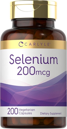 [BRSROCAFBUPGOGTK] Carlyle Yeast Free Selenium Supplement | 200mcg | 200 kapslar | Vegetarian, icke-GMO och Gluten Free Mineral Formel | L-Selenomethionine | Värdestorlek