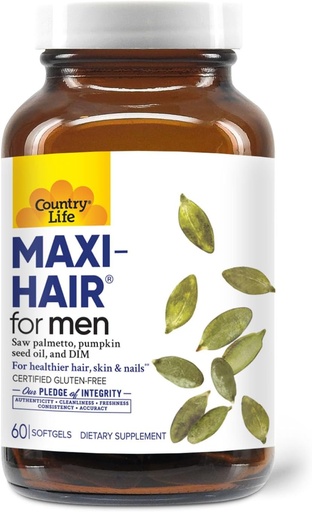 [BRSWI2T2CV5WGYLK] Country Life Maxi-Hair for Men - 2000mcg Biotin, Saw Palmetto, Pumpkin Seed Oil, DIM, Potassium, Magnesium, Calcium & Zinc Blend - Supports Healthier Hair, Scalp, Skin & Nails, 60 Vegan Capsules