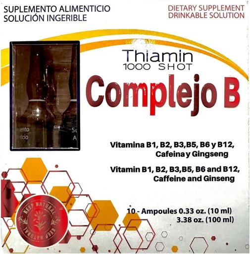 [BRSRAZINDECQ43YU] B Complex, Complejo B 1000 Shot . Multi-Vitamins, Caffeine, and Ginseng . Box with 10 Ampoules of 10ml . Energy, Cognitive Function, and Metabolic Health Boost.