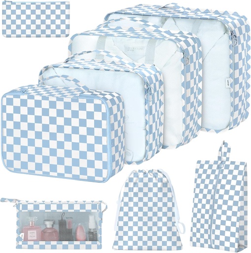 [BRSRAAQTOAHGE3IZ] 8 Set Packing Cubes for Suitcases,Packing Cubes with Shoe Bag, Cosmetics Bag, Clothing Bag, Accessories Bags Packing Cubes for Travel Luggage Organizer Women Men(Blue Checkered)