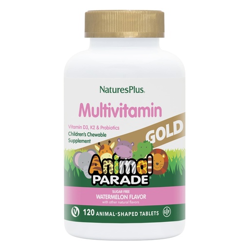 [BRSWYBLQCV4AKYI7] NaturesPlus Animal Parade Gold Multivitamin Children’s Chewables - Watermelon Flavor - 120 Animal-Shaped Tablets, Pack of 2 - Vitamin D3, K2 & Probiotics - Vegan, Gluten Free - 120 Total Servings