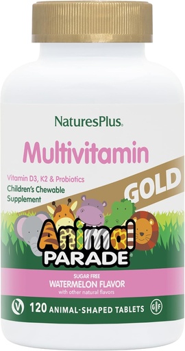 [BRSWYBLQCV4AKYI7] NaturesPlus Animal Parade Gold Multivitamin Children’s Chewables - Watermelon Flavor - 120 Animal-Shaped Tablets, Pack of 2 - Vitamin D3, K2 & Probiotics - Vegan, Gluten Free - 120 Total Servings