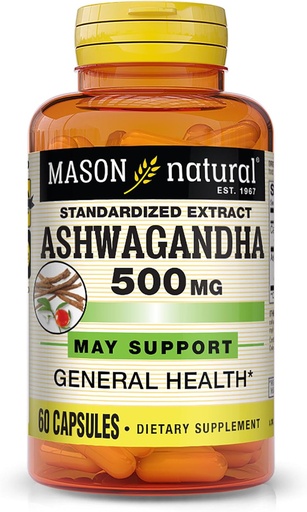 [BRSWGFLQBEHRA2A6] Mason Natural Ashwagandha 500 mg, Adaptogen for Stress & Energy Support, Herbal Supplement, 60 Day Supply