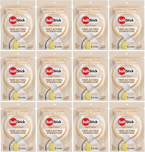 [BRSRMZYFDIBQA3D4] SaltStick Elektrolītu FastChews - 120 Coconut Ananasu Flavor - Elektrolītu Tabletes Hidrācijai, Salt Tabs - 10 Count (iepakojums no 12)