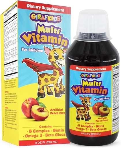 [BRSWYFLRDMFRM2TL] GirafKids Liquid Multivitamin for Kids Ages 4+, 8oz - Biotin, 비타민 A, B Complex, Folic Acid, Omega-3 & Beta Glucan - 아이 성장과 에너지를위한 다이어트 보충