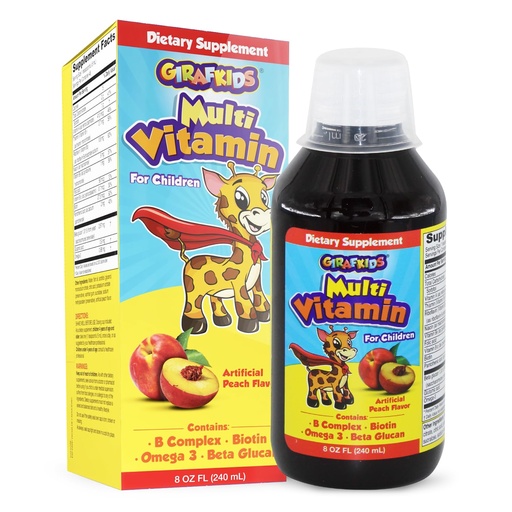 [BRSWYFLRDMFRM2TL] GirafKids Liquid Multivitamin for Kids Ages 4+, 8oz - Daily Child Vitamins with Biotin, Vitamin A, B Complex, Folic Acid, Omega-3 & Beta Glucan - Dietary Supplement for Kids Growth and Energy