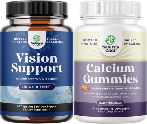 [BRSRAZALCECGACDP] Bundle of Complete Eye Health Supplement for Adults - Lutein 20mg Per Serving for Vision & Blue Light Protection with Beta Carotene and High Absorption Calcium Gummies with Vitamin D3 for Bone Health