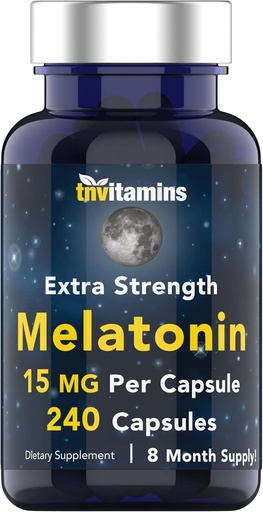 [BRSRMBILB4NBSHTH] tnvitamins Melatonin 15 MG Per Capsule (240 Capsules) | All-Natural Sleeping Pills for Adults | Extra Strength Melatonin | Nighttime Sleep Aid | Natural Sleep Support Supplement