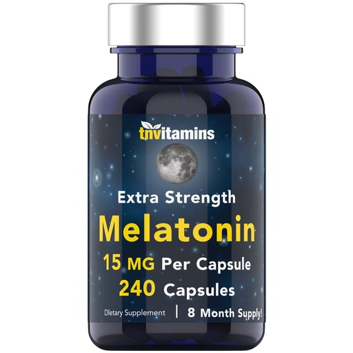 [BRSRMBILB4NBSHTH] tnvitamins Melatonin 15 MG Per Capsule (240 Capsules) | All-Natural Sleeping Pills for Adults | Extra Strength Melatonin | Nighttime Sleep Aid | Natural Sleep Support Supplement