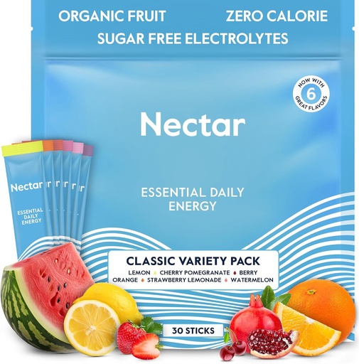 [BRSRMHD3CIBAKHT6] Nectar Energy Booster - Organic Caffeine, B12 & Electrolytes - Cukrus Free & Zero Calorie - Sveika kava, energinis gėrimas & Soda Alternatyvus - Hidratacija ir energijos papildas (Variety 30 miltelių pakuotės)