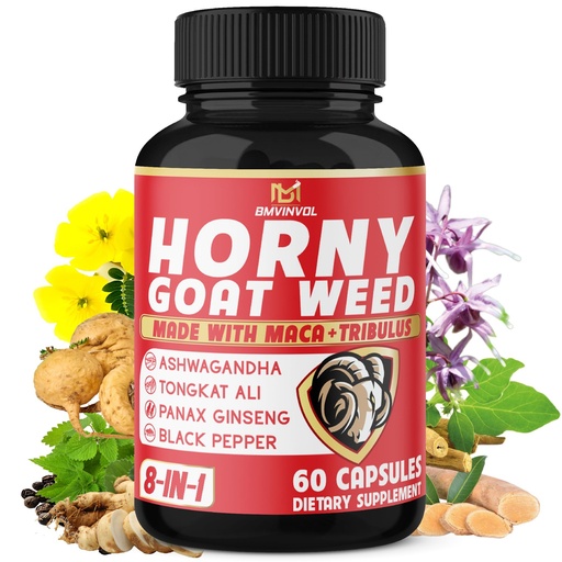 [BRSW2BQRA4MRODQ6] BMVINVOL Horny Goat Weed Capsules with Tribulus, Ginseng, Ashwagandha, Maca, Tongkat Ali, Nettle, Black Pepper - 60 Count