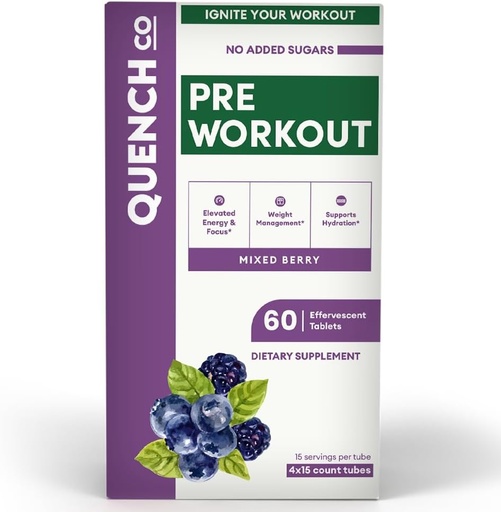 [BRSRAFD2CEMQAETL] Quench Pre Workout for Men & Women Effervescent Tablets - Boosts Energy & Focus with L-Arginine, Natural Caffeine - Supports Weight Management & Hydration - Vegan, Keto, Soy-Free 60 Count
