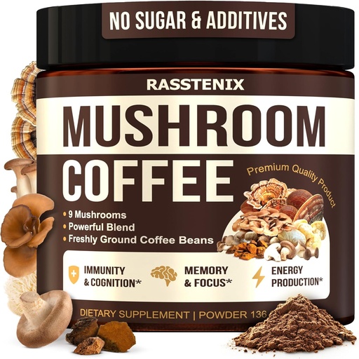 [BRSRAYLRO4IRYYD6] Mushroom Coffee Organic - 9 Mushroom Adaptogen Mix - Lion's Mane, Chaga, Turkey Tail, Reishi, Shiitake - Instant Mushrooms Coffee for Gut Health, Energy, Mental Clarity - 60 Servings