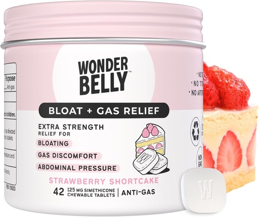 [BRSROCT5O4HGYYL7] Wonderbelly Bloat + Gas Relief, Extra Strength Chewable Tablets, с 125 мг симетицона, без талька или красителя, клубничный торт, 42 графа