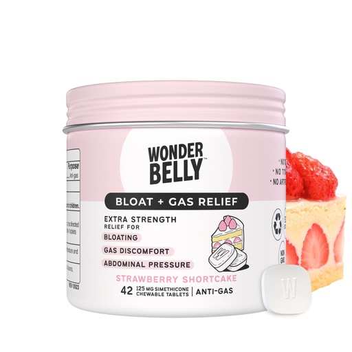 [BRSROCT5O4HGYYL7] Wonderbelly Bloat + Gas Relief, Extra Strength Chewable Tablets, with 125 mg Simethicone, No Talc or Dye, Strawberry Shortcake, 42 Count