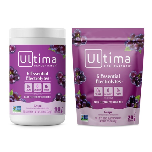 [BRSRMAQ7C4DROYAY] Ultima Replenisher Electrolyte Powder Drink Mix Bundle – Sugar Free – Grape, 90 Serving Canister and 20 Stickpacks – 6 Electrolytes and Minerals – Keto Friendly, Vegan, Non-GMO