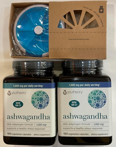 [BRSRAGDQA5YRAGY6] Youtheory Ashwagandha 1000mg with KSM-66 - Helps Support a Healthy Stress Response,180 Capsules (Pack of 2) and Pill Orgnizer Bundles