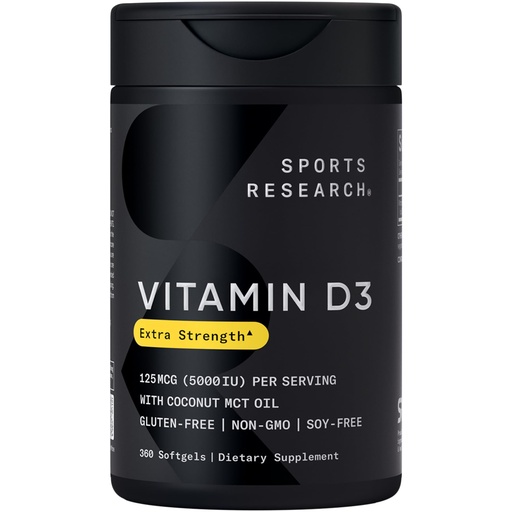 [BRSWIGAOAAFRGA34] Sports Research Vitamin D3 5000 IU with Coconut MCT Oil - High Potency Vitamin D Supplement for Immune & Bone Support - Non-GMO Verified, Gluten & Soy Free – 125mcg, 360 Liquid Softgels