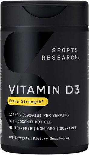 [BRSWIGAOAAFRGA34] Sports Research® Vitamine D3 w/Coconut MCT Oil - Vitamine D3 5000iu (125mcg) Supplément pour le soutien immunitaire et os - Sans huile de semence - Sans OGM - Sans gluten (360 softgels liquides)
