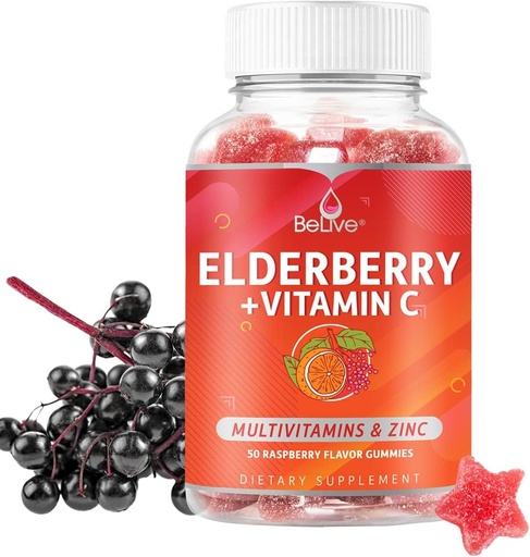 [BRSWGFACOACWK23X] BeLive Elderberry Gummies con zinc y vitamina C, D, A, E, B12-50 Ct Immune Suplemento de soporte para huesos saludables " dientes, Vegan, Keto " Non-GMO - Raspberry Flavor