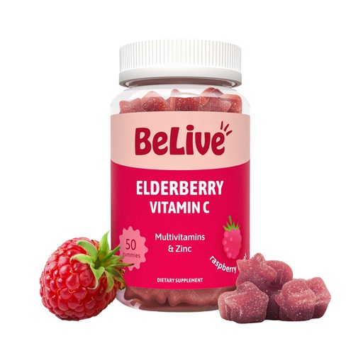 [BRSWGFACOACWK23X] BeLive Elderberry Gummies with Vitamin C, D3 and Zinc - Multivitamin Supplement for Immune Health Support for Kids & Adults - 50 Count - Raspberry Flavor