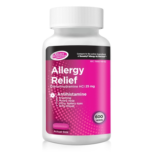 [BRSW2CYEB4NR42Y2] RIGHT REMEDIES Allergy Relief Antihistamine, Diphenhydramine HCl 25mg, (600 Count), Compared to the National Brand Allergy Ultratabs, Relieves Seasonal Indoor or Outdoor Upper Respiratory Allergies