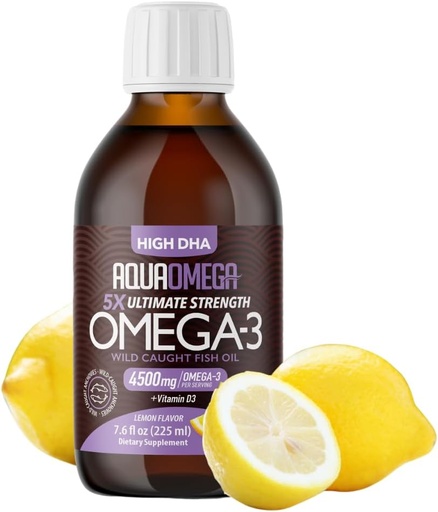 [BRSWYGLQDEMQKELO] 5X Ultimate Strength Omega 3 Fish Oil Liquid, Integratori di olio di pesce con acidi grassi DHA e EPA Omega3, Alta potenza Omega 3 con vitamina D, 7.60 floz, Limone Flavor
