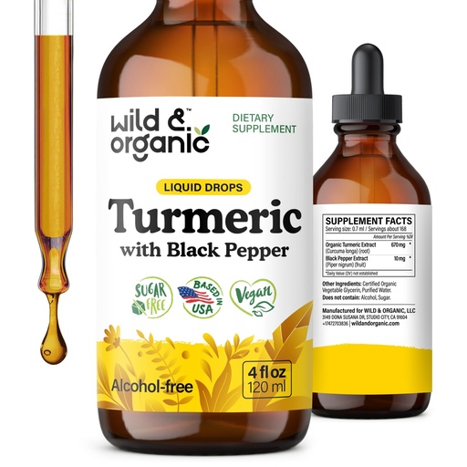 [BRSROY32A4IGEDTX] Wild & Organic Turmeric Supplement Liquid Drops - Movement & Immune Support - Liquid Turmeric with Black Pepper Extract - Add to Tea Tincture - Curcumin Supplements - Sugar & Alcohol-Free - 4 fl oz