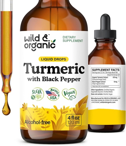 [BRSROY32A4IGEDTX] Wild & Organic Turmeric Tincture - Turmeric Curcumin with Black Pepper Extract - Mobility Support Supplement - Curcumin Root Liquid Drops - Vegan, Sugar & Alcohol-Free - 4 fl oz