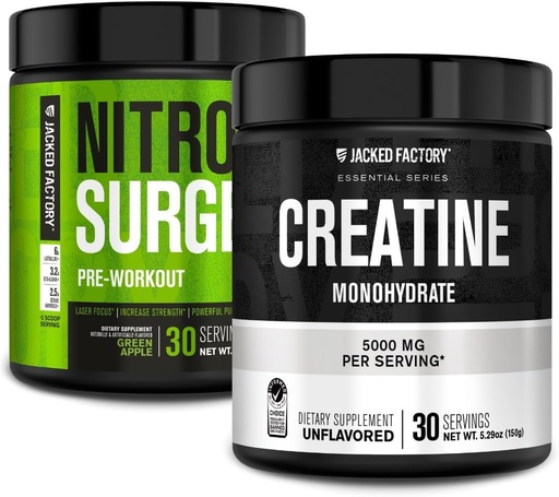 [BRSRAFT7O4BGOYLF] Jacked Factory NITROSURGE Pre Workout Supplement (Green Apple, 30 servizos) e monohidrato de creatina (Inflavored, 30 servizos)