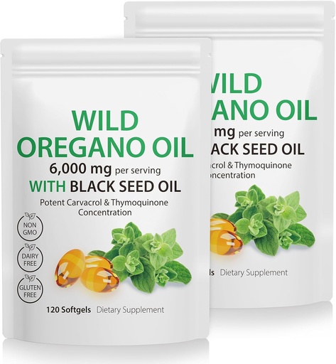 [BRSRAHY7AUGQIA3K] Oregano Oil Capsules, 240 Softgels, 2 in 1 6,000mg Wild Oregano Oil with Black Seed Oil 200mg Supplement- 4X Strength Carvacrol & Thymoquinone, Gluten Free & Non-GMO