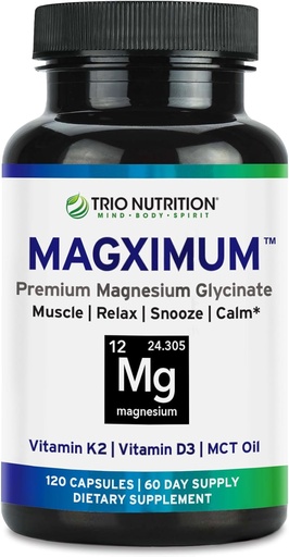 [BRSWYZALCN5AGHT3] Trio Nutrition MagX Magnesium Glycinate, Vitamin D3, Vitamin K2 & MCT Oil | Chelated Magnesium Supplement | Calm, Relaxation & Recovery | Be Well Rested & Start Your Day with Magximum
